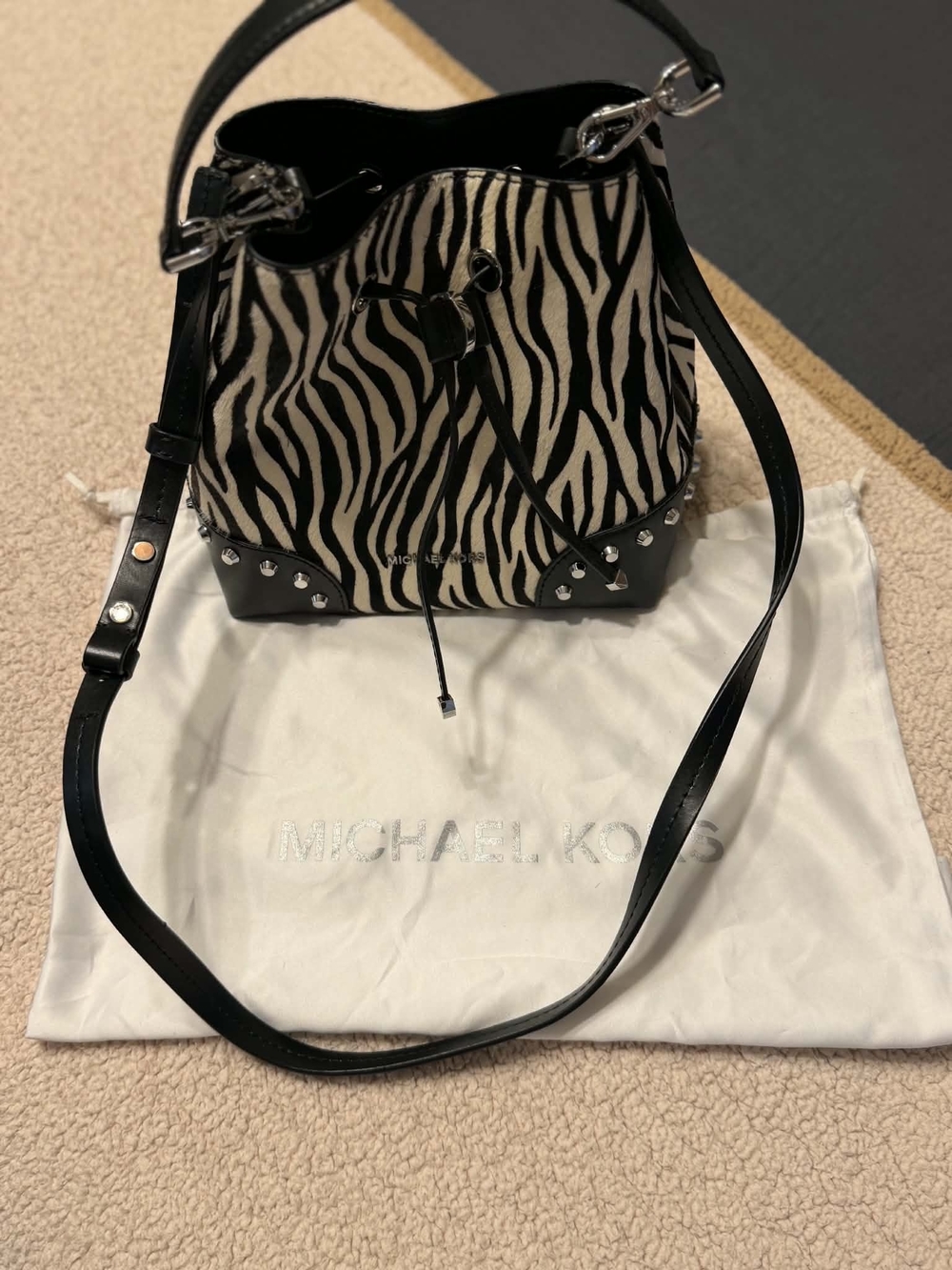 Michael Kors Black & White Zebra-Print Drawstring Bucket Bag